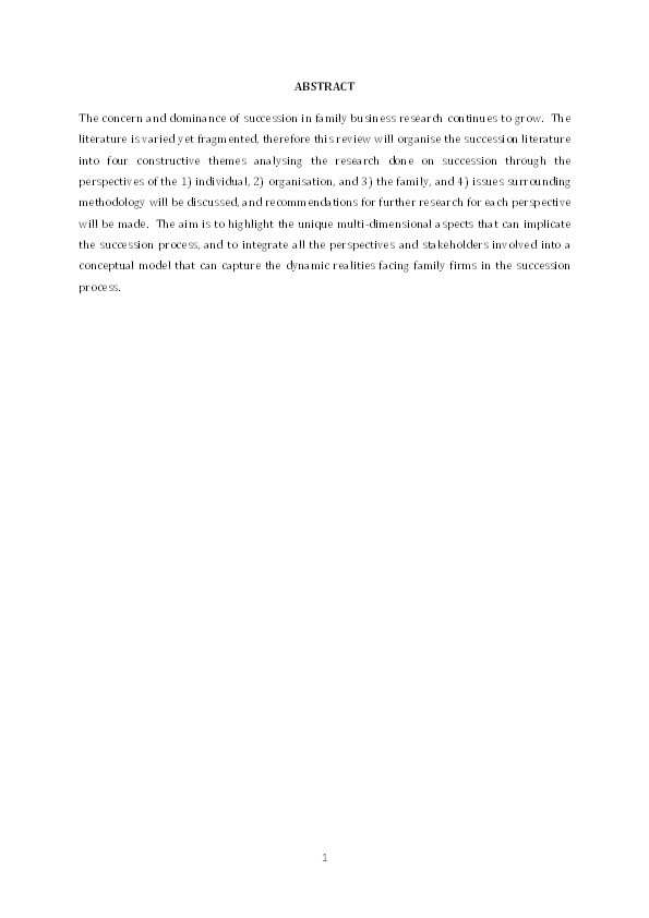 To succeed or not to succeed: A multiple perspectives literature review of research in family business succession Thumbnail