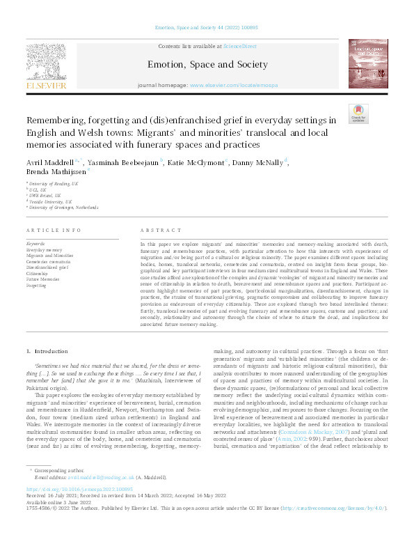 Remembering, forgetting and (dis)enfranchised grief in everyday settings in English and Welsh towns: Migrants' and minorities’ translocal and local memories associated with funerary spaces and practices Thumbnail