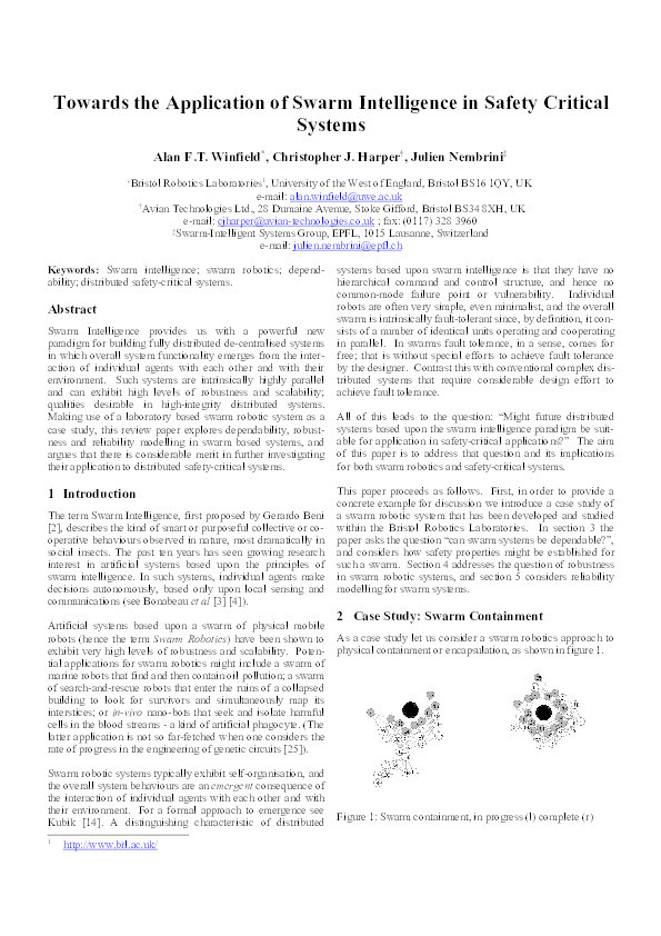 Towards the application of swarm intelligence in safety critical systems Thumbnail