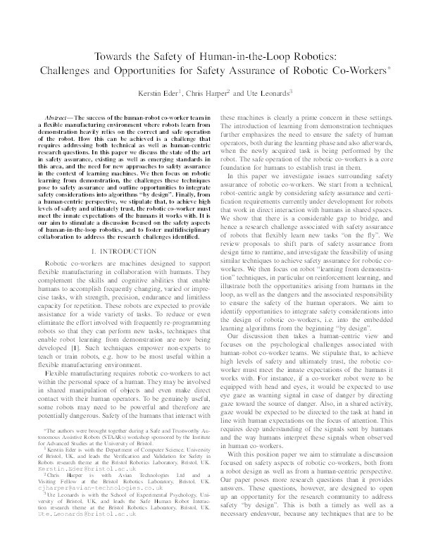 Towards the safety of human-in-the-loop robotics: Challenges and opportunities for safety assurance of robotic co-workers' Thumbnail