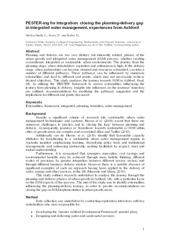 PESTER-ing for integration: Closing the planning-delivery gap in integrated water management, experiences from Ashford Thumbnail