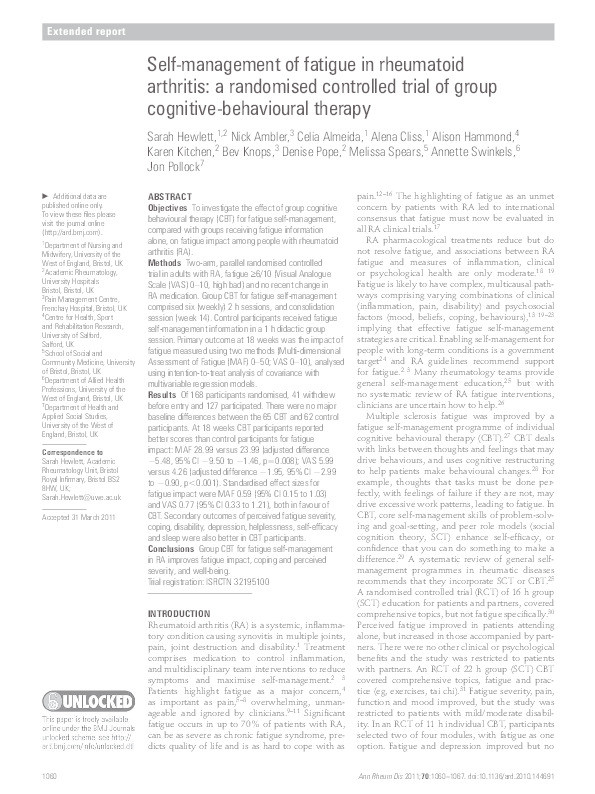 Self-management of fatigue in rheumatoid arthritis: A randomised controlled trial of group cognitive-behavioural therapy Thumbnail