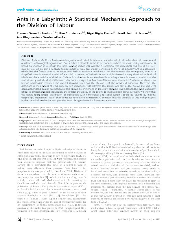 Ants in a labyrinth: A statistical mechanics approach to the division of labour Thumbnail