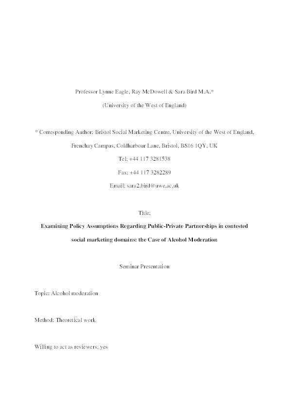 Examining policy assumptions regarding public-private partnerships in contested social marketing domains: the case of alcohol moderation Thumbnail