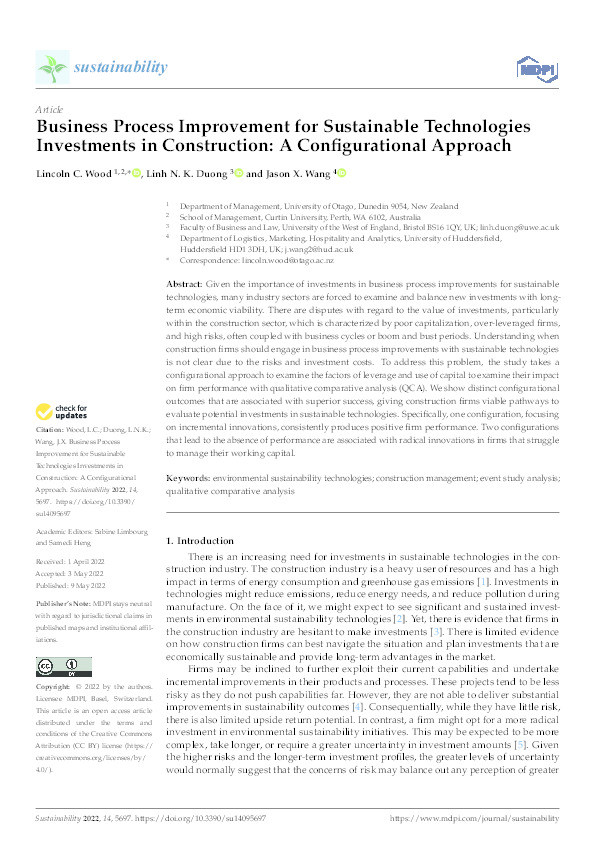 Business process improvement for sustainable technologies investments in construction: A configurational approach Thumbnail
