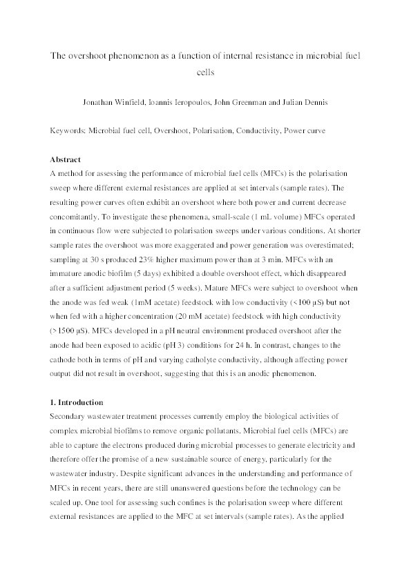 The overshoot phenomenon as a function of internal resistance in microbial fuel cells Thumbnail