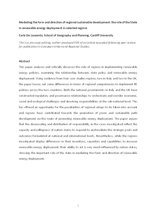 Mediating the form and direction of regional sustainable development: The role of the state in renewable energy deployment in selected regions Thumbnail
