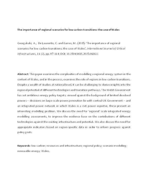 The importance of regional scenarios for low carbon transitions: The case of Wales Thumbnail