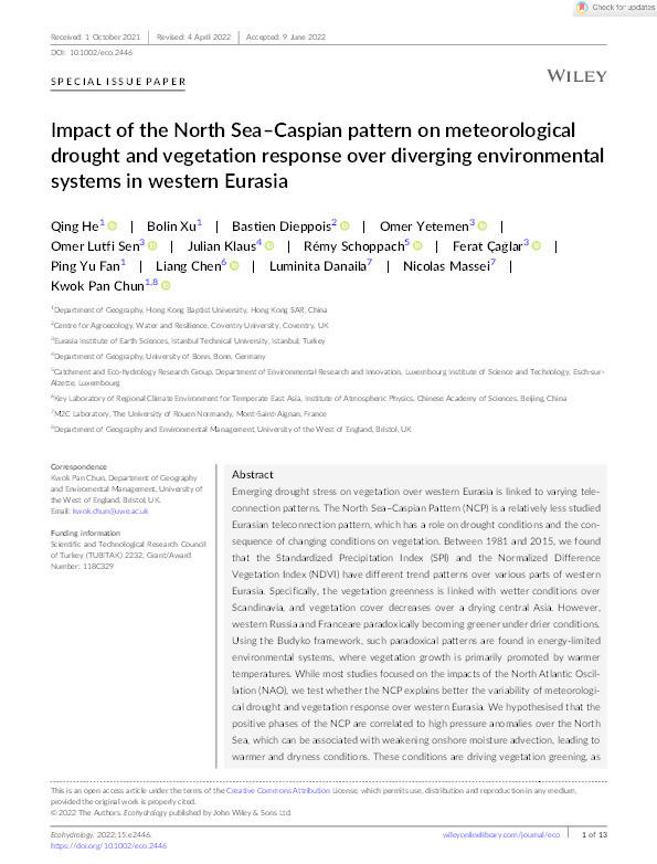 Impact of the North Sea–Caspian pattern on meteorological drought and vegetation response over diverging environmental systems in western Eurasia Thumbnail