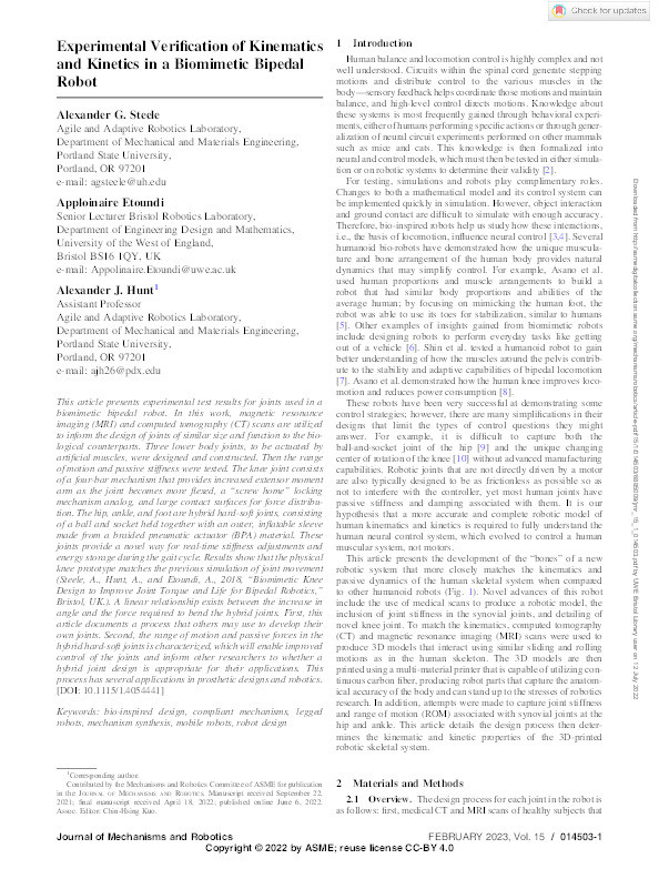 Experimental verification of kinematics and kinetics in a biomimetic bipedal robot Thumbnail