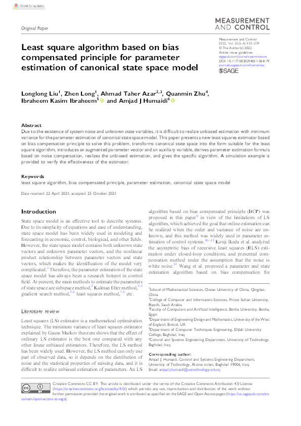 Least square algorithm based on bias compensated principle for parameter estimation of canonical state space model Thumbnail