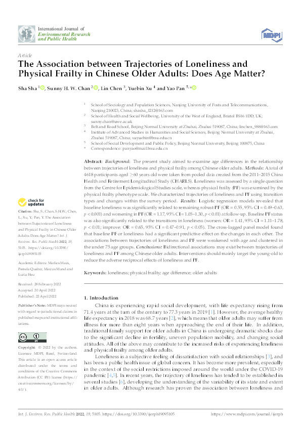 The association between trajectories of loneliness and physical frailty in Chinese older adults: Does age matter? Thumbnail