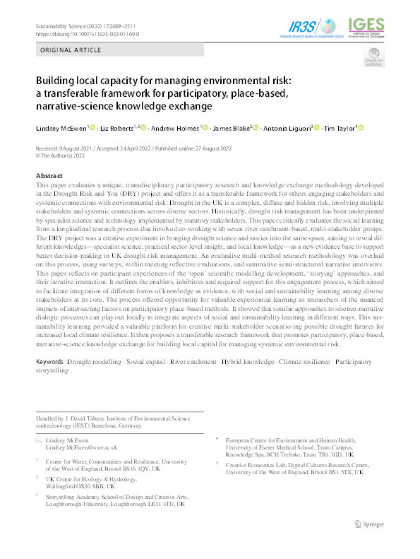 Building local capacity for managing environmental risk: A transferable framework for participatory, place-based, science-narrative knowledge exchange Thumbnail