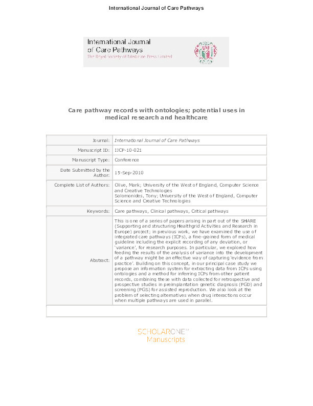 Care pathway records with ontologies: Potential uses in medical research and health care Thumbnail