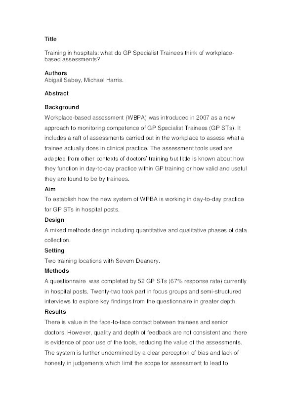 Training in hospitals: What do GP specialist trainees think of workplace-based assessments? Thumbnail