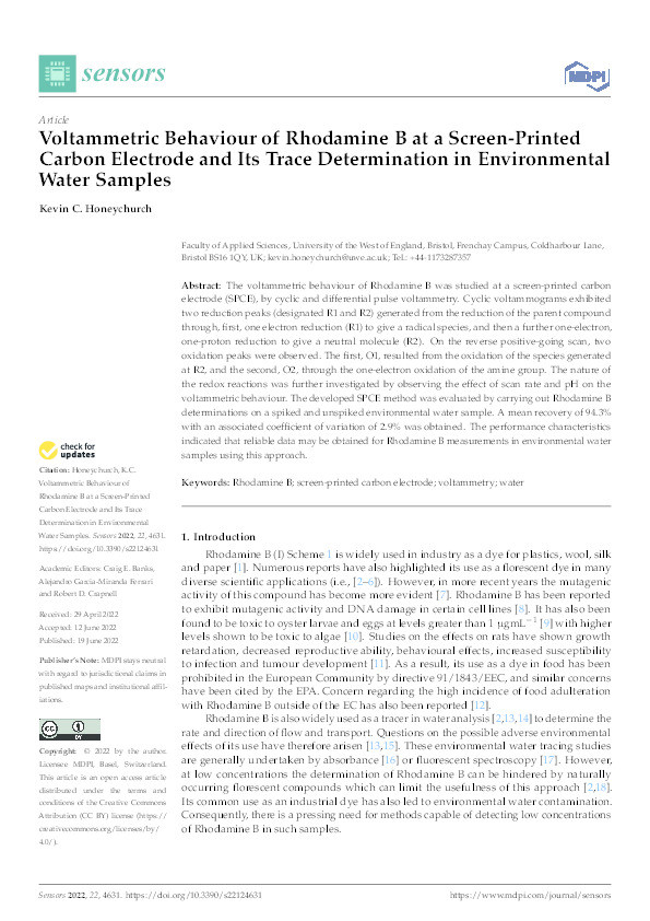 Voltammetric behaviour of Rhodamine B at a screen-printed Carbon electrode and its trace determination in environmental water samples Thumbnail