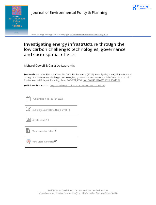Investigating energy infrastructure through the low carbon challenge: technologies, governance and socio-spatial effects Thumbnail