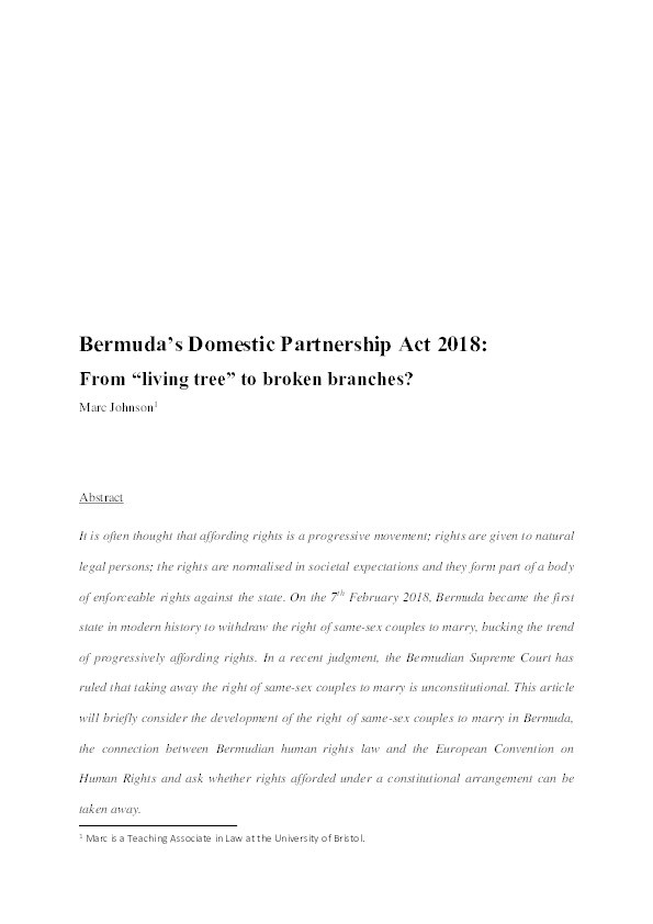 Bermuda's domestic partnership act 2018: From "living tree" to broken branches? Thumbnail