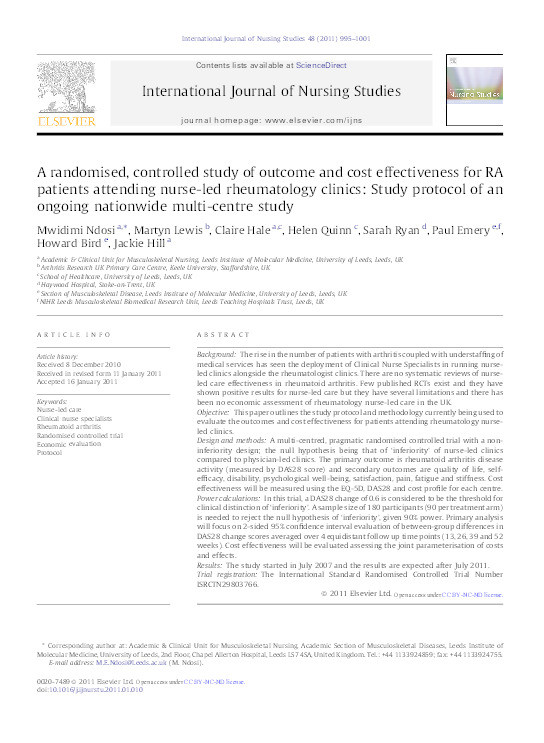 A randomised, controlled study of outcome and cost effectiveness for RA patients attending nurse-led rheumatology clinics: Study protocol of an ongoing nationwide multi-centre study Thumbnail