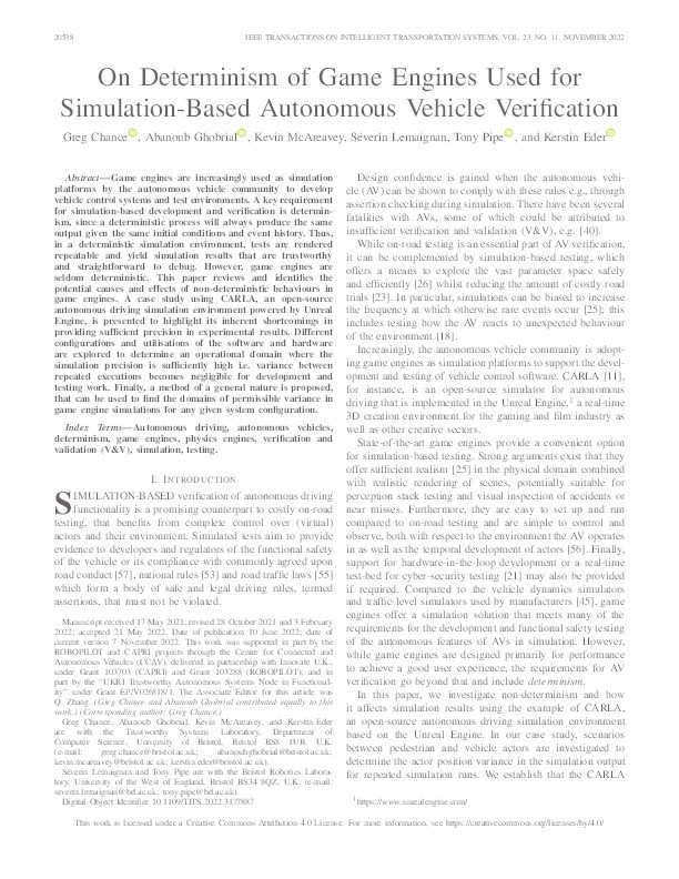 On determinism of game engines used for simulation-based autonomous vehicle verification Thumbnail