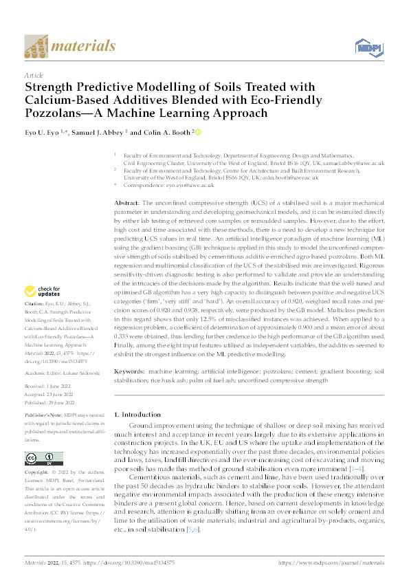 Strength predictive modelling of soils treated with calcium-based additives blended with eco-friendly pozzolans—A machine learning approach Thumbnail