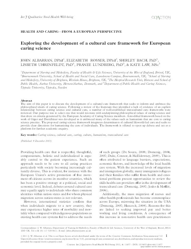 Exploring the development of a cultural care framework for European caring science Thumbnail