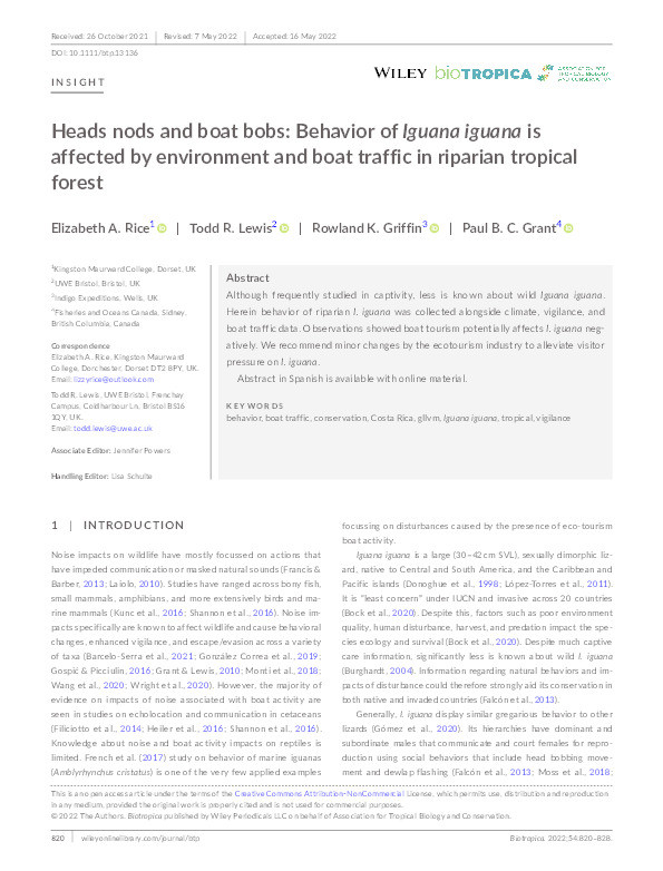 Heads nods and boat bobs: Behavior of Iguana iguana is affected by environment and boat traffic in riparian tropical forest Thumbnail