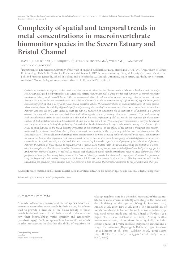 Complexity of spatial and temporal trends in metal concentrations in macroinvertebrate biomonitor species in the Severn Estuary and Bristol Channel Thumbnail
