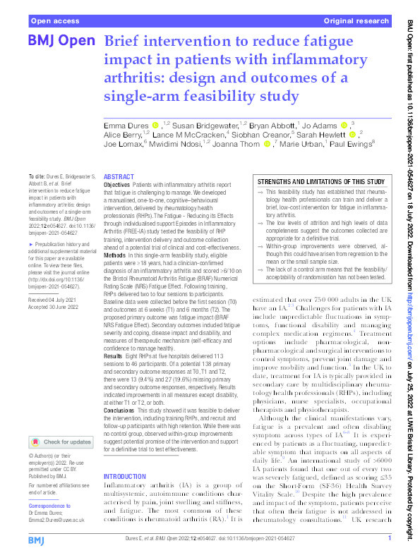  Brief intervention to reduce fatigue impact in patients with inflammatory arthritis: Design and outcomes of a single-arm feasibility study Thumbnail