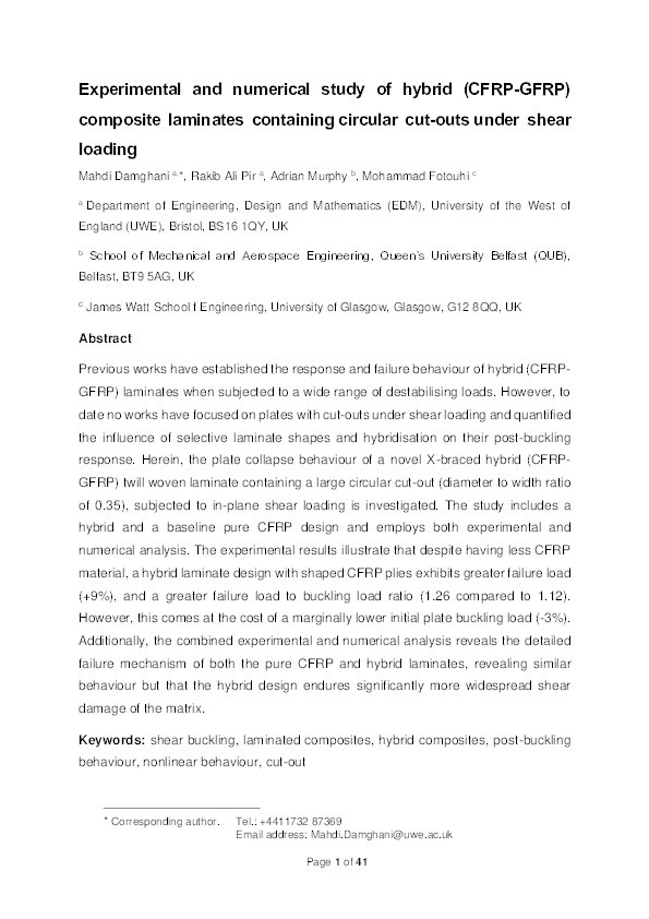 Experimental and numerical study of hybrid (CFRP-GFRP) composite laminates containing circular cut-outs under shear loading Thumbnail