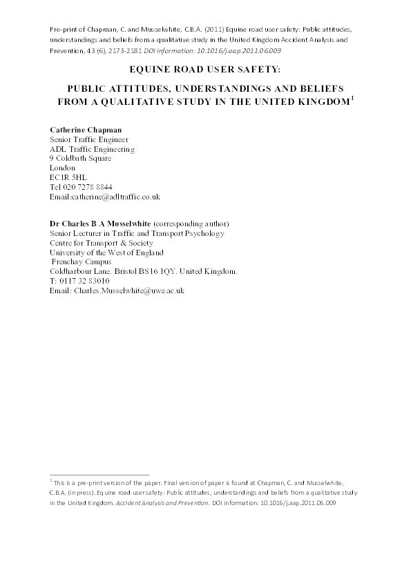 Equine road user safety: Public attitudes, understandings and beliefs from a qualitative study in the United Kingdom Thumbnail