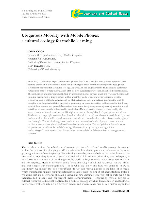 Ubiquitous mobility with mobile phones: A cultural ecology for mobile learning Thumbnail