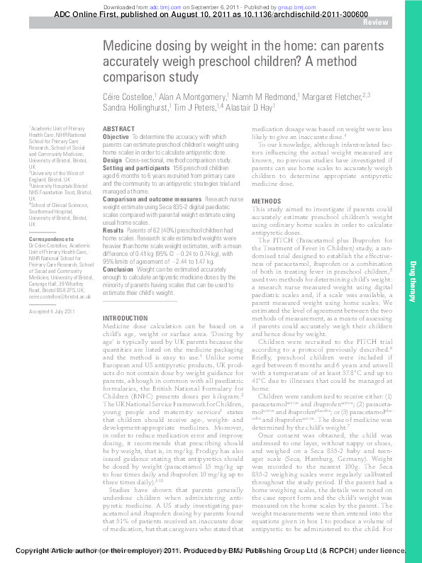 Medicine dosing by weight in the home: Can parents accurately weigh preschool children? A method comparison study Thumbnail