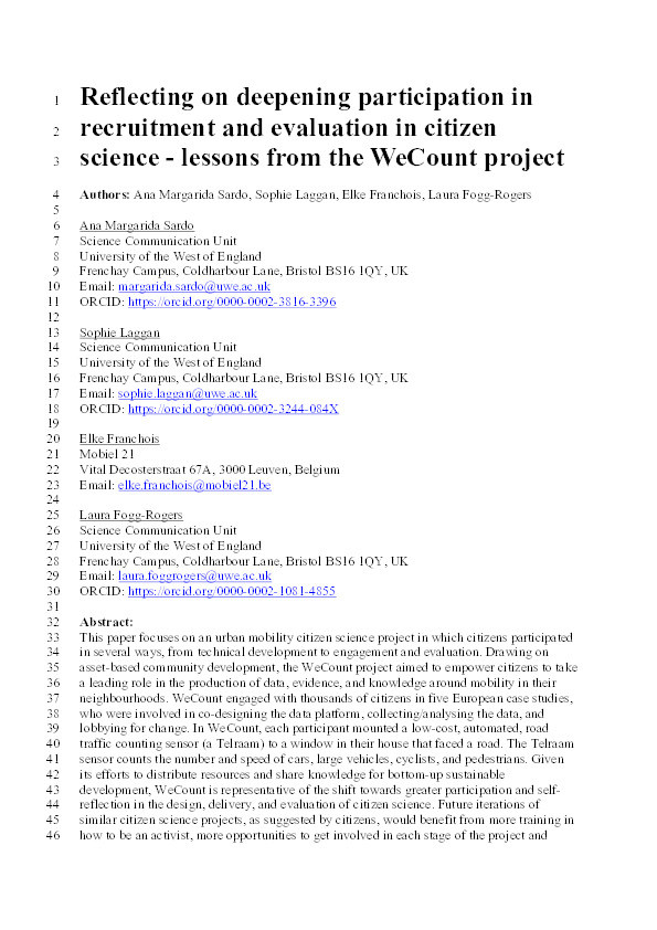 Reflecting on deepening participation in recruitment and evaluation in citizen science - lessons from the WeCount project Thumbnail