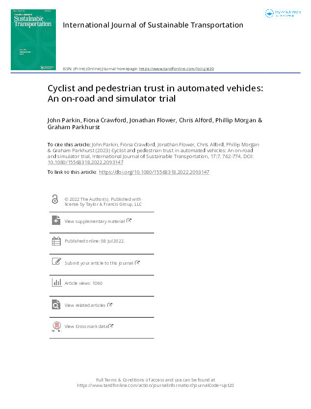 Cyclist and pedestrian trust in automated vehicles: An on-road and simulator trial Thumbnail