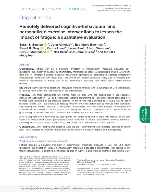Remotely delivered cognitive-behavioural and personalized exercise interventions to lessen the impact of fatigue: A qualitative evaluation Thumbnail