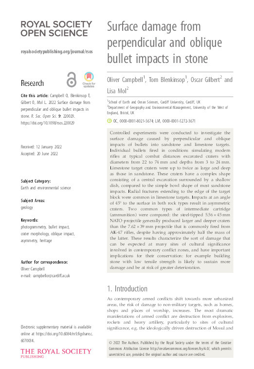 Surface damage from perpendicular and oblique bullet impacts in stone Thumbnail