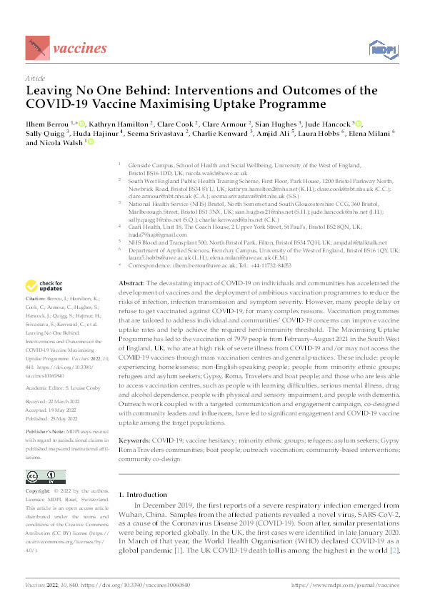 Leaving no one behind: Interventions and outcomes of the COVID-19 vaccine maximising uptake programme Thumbnail