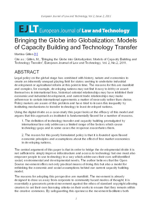 Bringing the globe into globalization: Models of capacity building and technology transfer Thumbnail