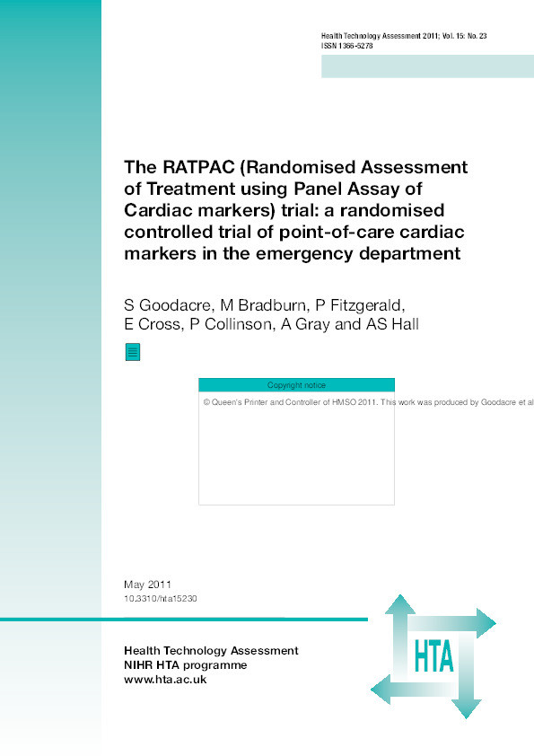The RATPAC (Randomised Assessment of Treatment using Panel Assay of Cardiac markers) trial: A randomised controlled trial of point-of-care cardiac markers in the emergency department Thumbnail