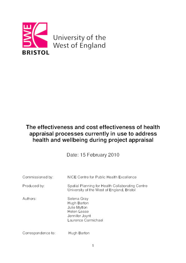 The effectiveness and cost effectiveness of health appraisal processes currently in use to address health and wellbeing during project appraisal Thumbnail