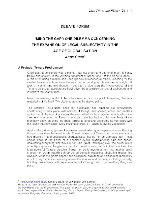 “Mind the Gap”: One dilemma concerning the expansion of legal subjectivity in the age of globalisation’ Thumbnail