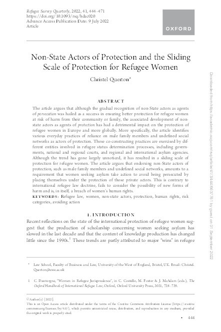 Non-State actors of protection and the sliding scale of protection for refugee women Thumbnail