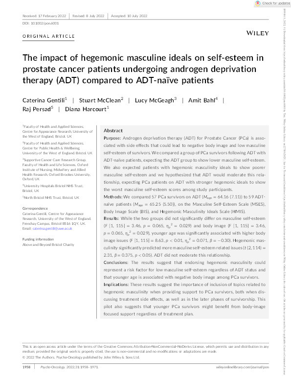 The impact of hegemonic masculine ideals on self-esteem in prostate cancer patients undergoing androgen deprivation therapy (ADT) compared to ADT-naïve patients Thumbnail
