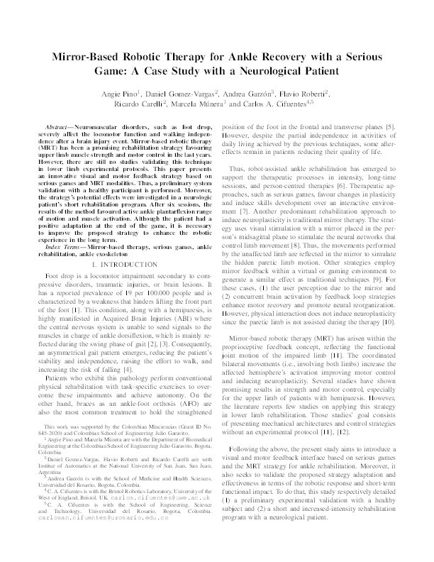 Mirror-based robotic therapy for ankle recovery with a serious game: A case study with a neurological patient Thumbnail