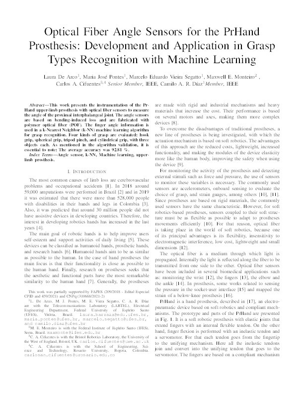 Optical fiber angle sensors for the PrHand prosthesis: Development and application in grasp types recognition with machine learning Thumbnail