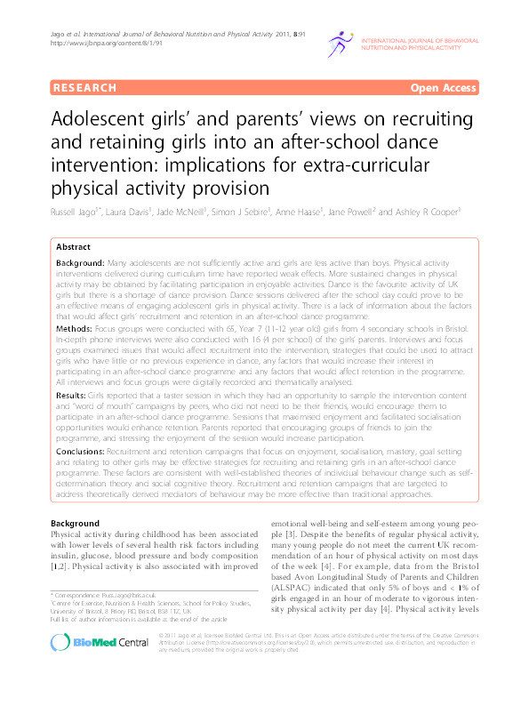 Adolescent girls' and parents' views on recruiting and retaining girls into an after-school dance intervention: Implications for extra-curricular physical activity provision Thumbnail