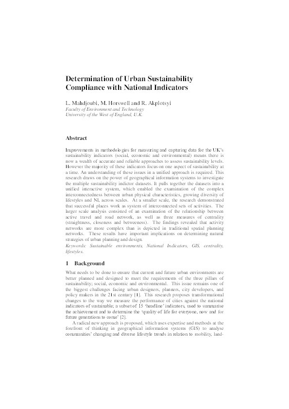 Determination of urban sustainability compliance with national indicators Thumbnail
