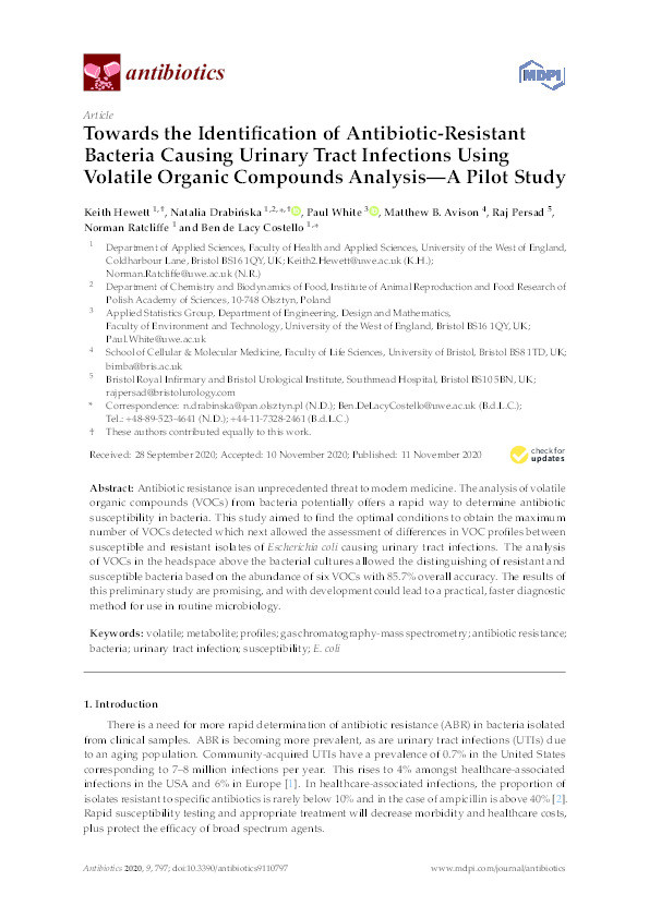 Towards the identification of antibiotic-resistant bacteria causing urinary tract infections using volatile organic compounds analysis—a pilot study Thumbnail