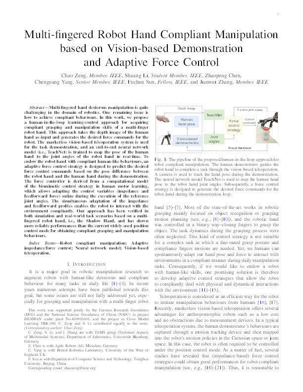 Multifingered robot hand compliant manipulation based on vision-based demonstration and adaptive force control Thumbnail